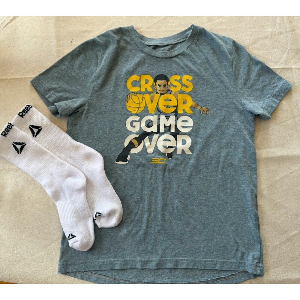 Under Armour Boys Gray Stephen Curry Graphic Tee 7-8Y with 1 pair Reebok socks